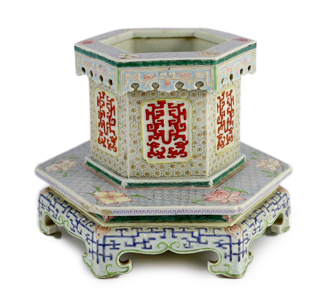 A Chinese enamelled porcelain hexagonal jardiniere, Qianlong period (1736-95), 17.5cm high, 23.5cm wide